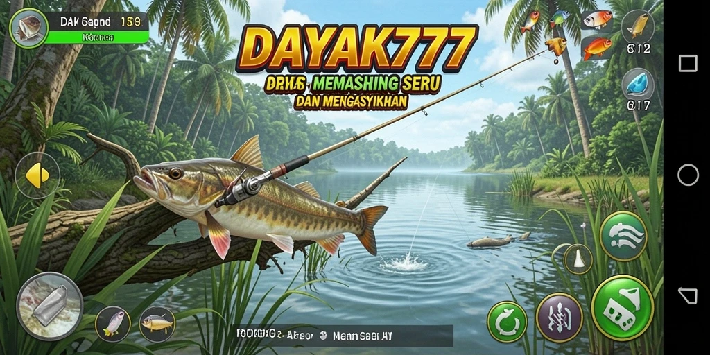Screenshot utama DAYAK777 menampilkan gameplay memancing yang seru dan interaktif.