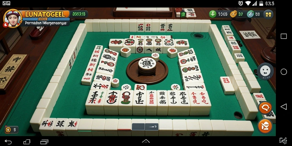 Tampilan gameplay LUNATOGEL dengan ubin Mahjong yang berwarna-warni.
