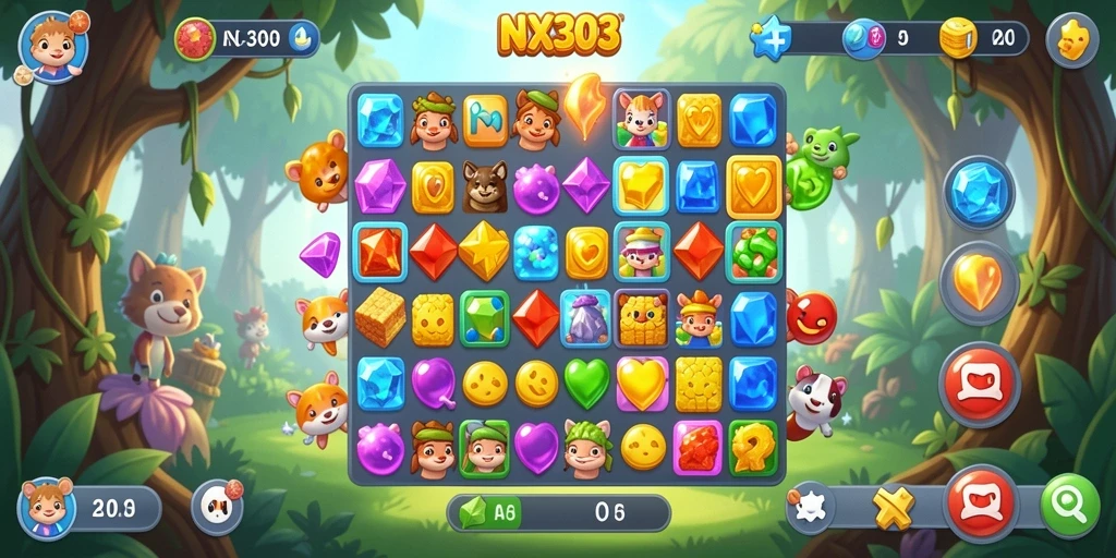 Tangkapan layar permainan NX303 dengan gameplay Match-3 yang seru.