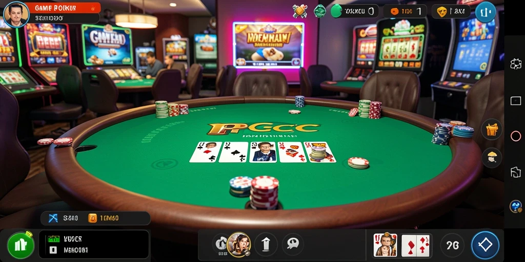 Tampilan gameplay utama PCPC7 menunjukkan aksi Poker yang mendebarkan.