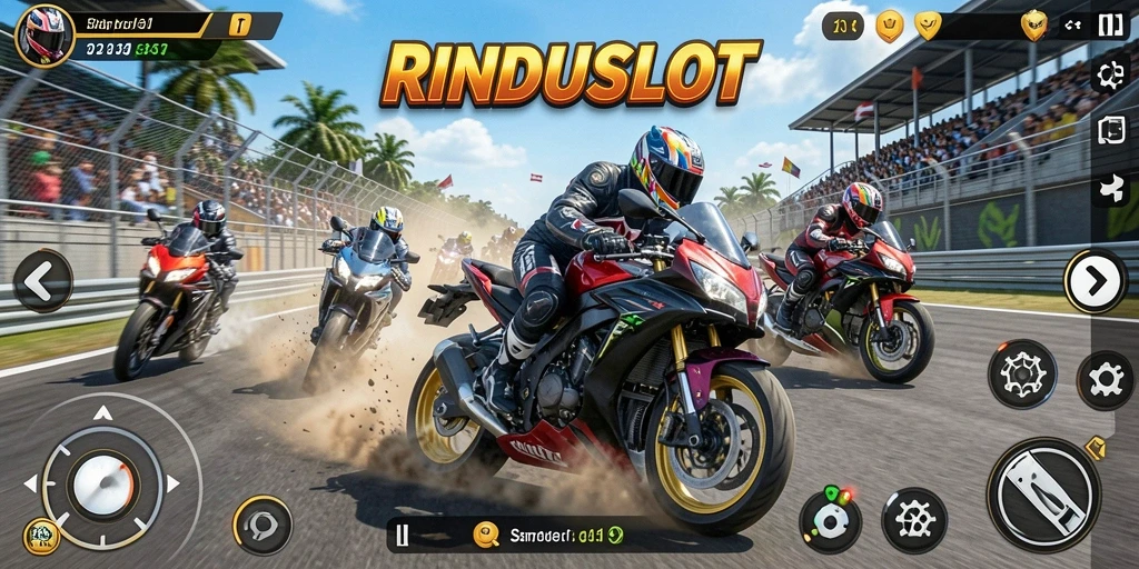 Gameplay RINDUSLOT yang mendebarkan dengan balapan motor yang penuh aksi.
