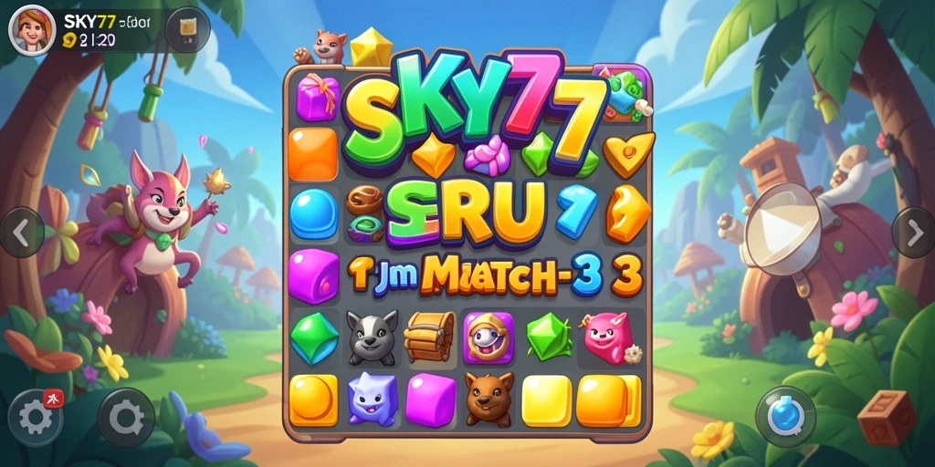 Screenshot gameplay SKY77 menunjukkan kombinasi warna-warni dalam permainan match-3.