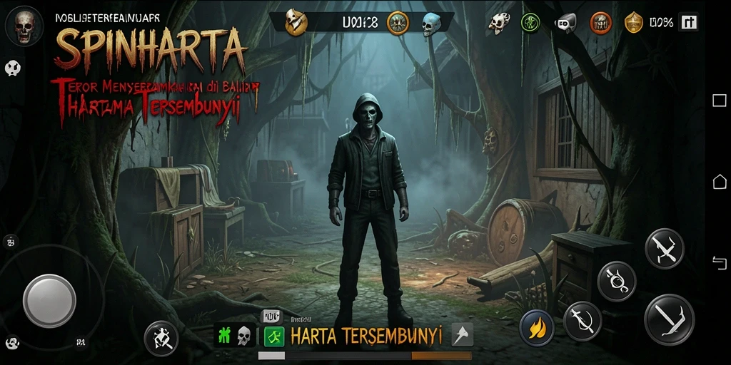 Tampilan gameplay SPINHARTA yang mencekam dan penuh kejutan horor.