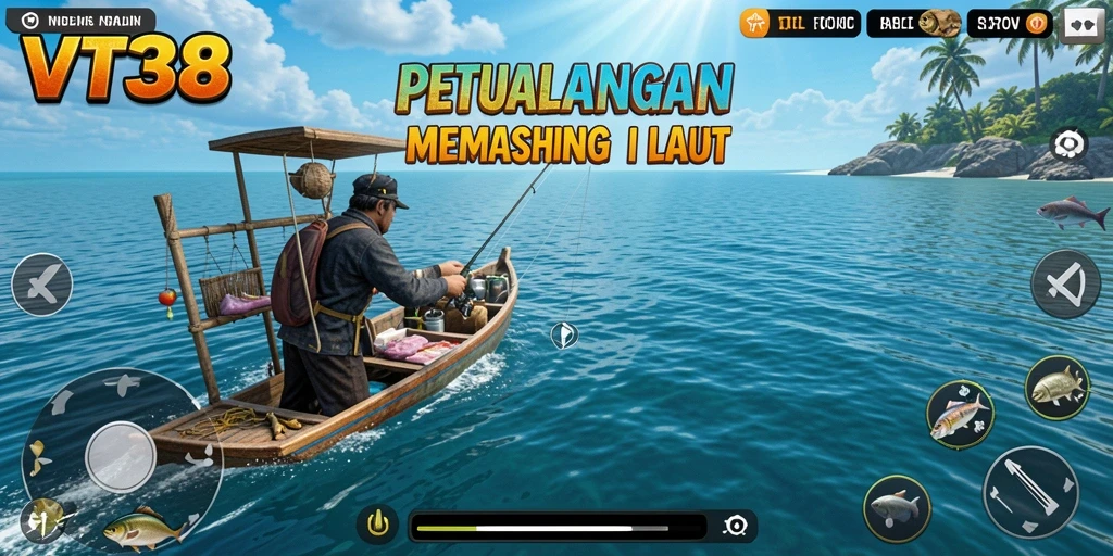 Screenshot gameplay VT38 menampilkan pemancing yang sedang beraksi di lautan.